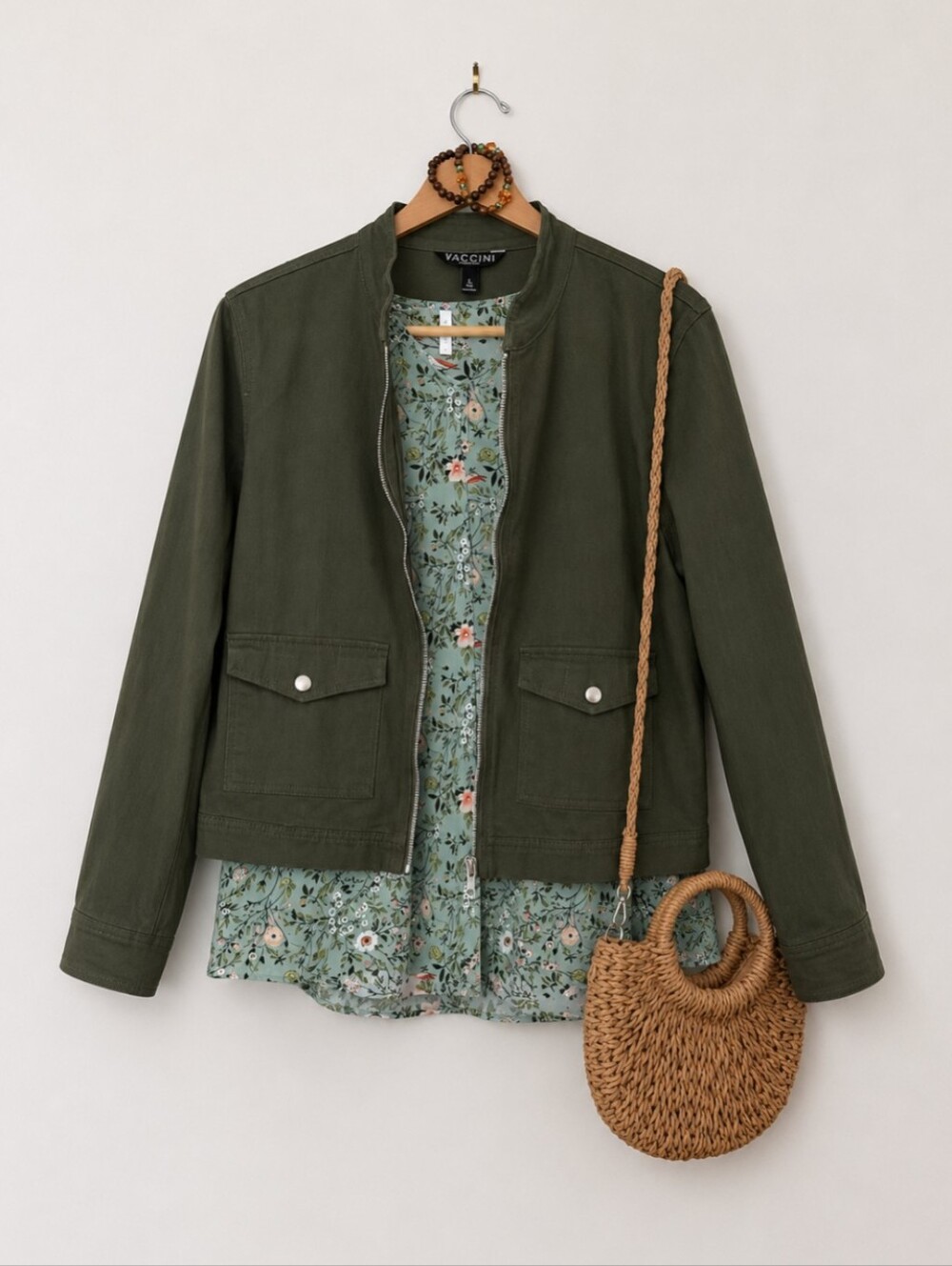 5 Piece Bundle | Utility Jacket | Bird & Floral Blouse | Woven Purse | Bracelets